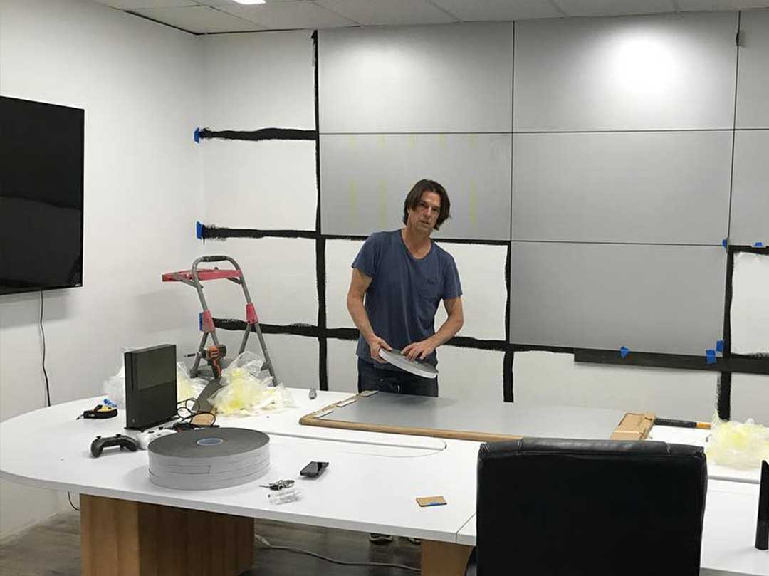 My dad helping with the conference room